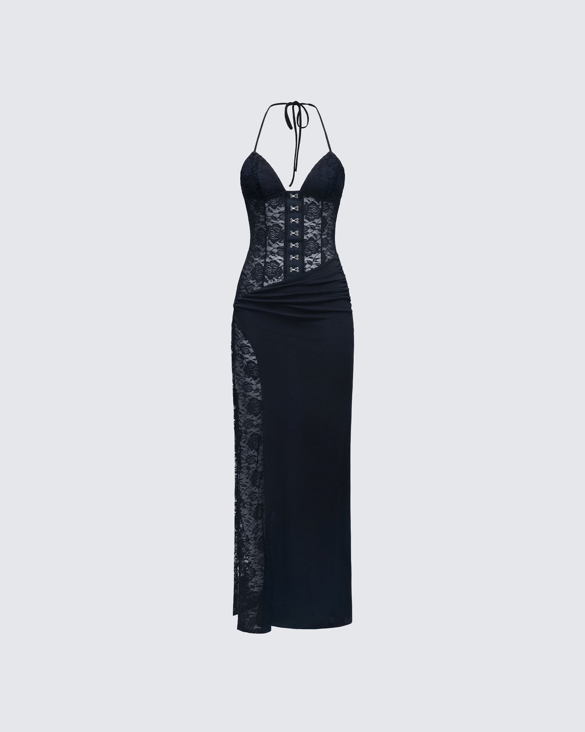 Vestido Longo Brookes Preto de Renda e Crepe