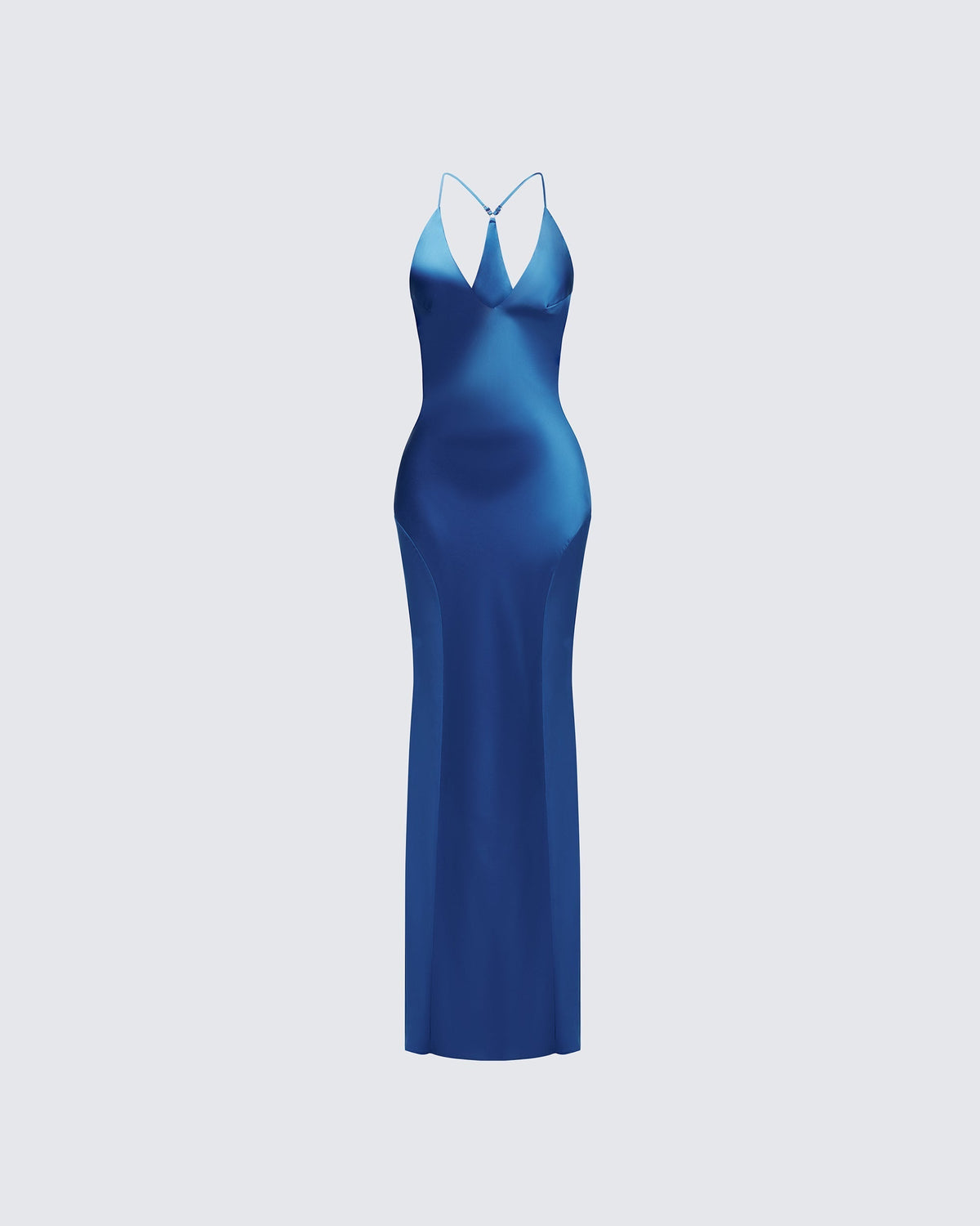 Vestido Longo Solvea Azul de Cetim com Decote Profundo