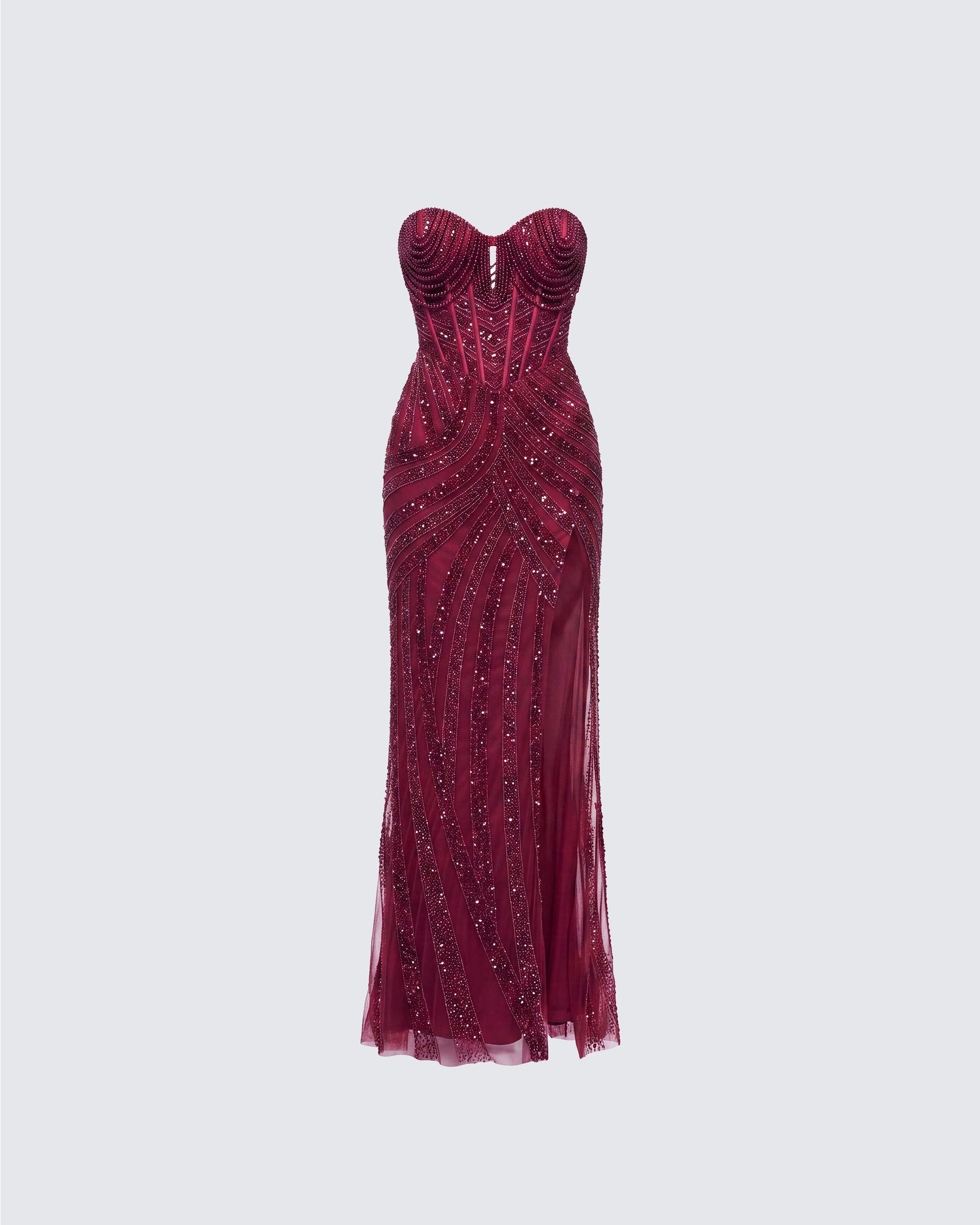 Vestido Longo Aila Bordô de Cetim Bordado