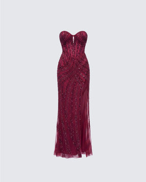 Vestido Longo Aila Bordô de Cetim Bordado