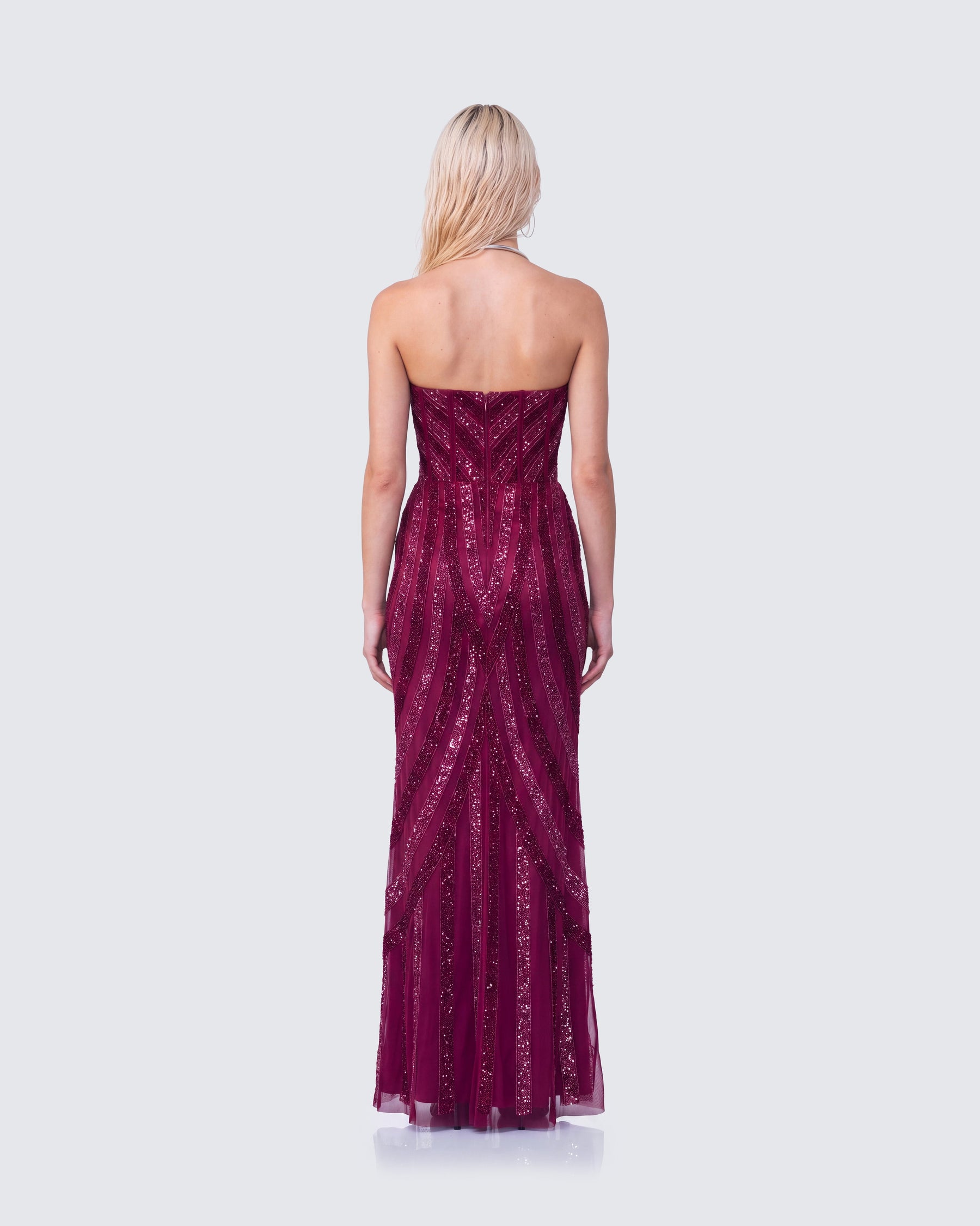 Vestido Longo Aila Bordô de Cetim Bordado