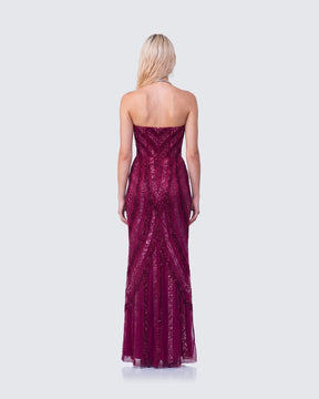 Vestido Longo Aila Bordô de Cetim Bordado