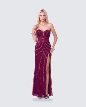 Vestido Longo Aila Bordô de Cetim Bordado