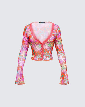 Blusa Aurelia Laranja de Tule Estampado