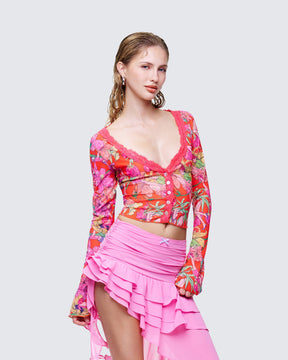 Blusa Aurelia Laranja de Tule Estampado