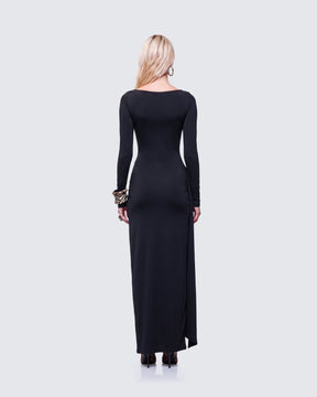 Vestido Longo Avi Preto de Malha Fluida com Torção