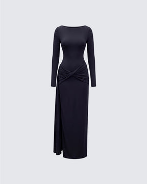 Vestido Longo Avi Preto de Malha Fluida com Torção