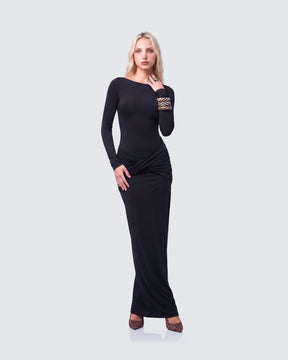 Vestido Longo Avi Preto de Malha Fluida com Torção