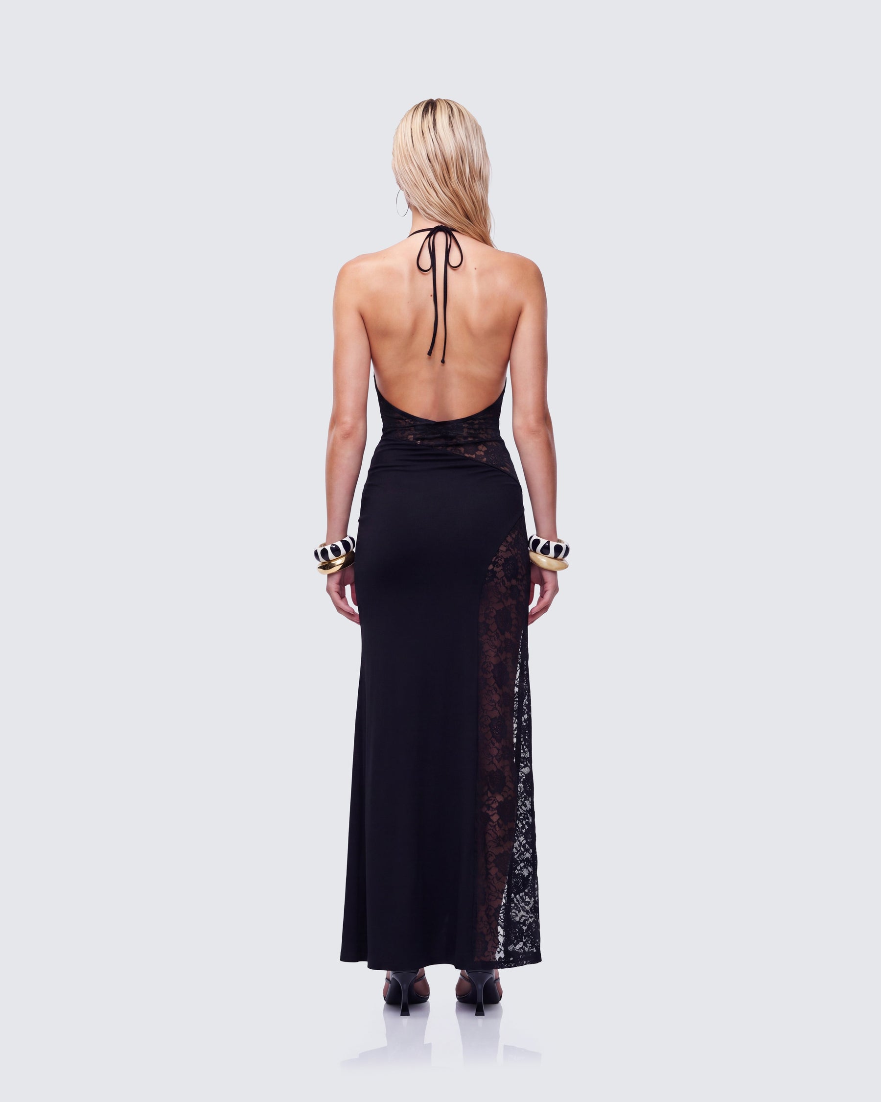 Vestido Longo Brookes Preto de Renda e Crepe