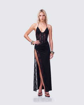 Vestido Longo Brookes Preto de Renda e Crepe