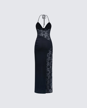 Vestido Longo Brookes Preto de Renda e Crepe