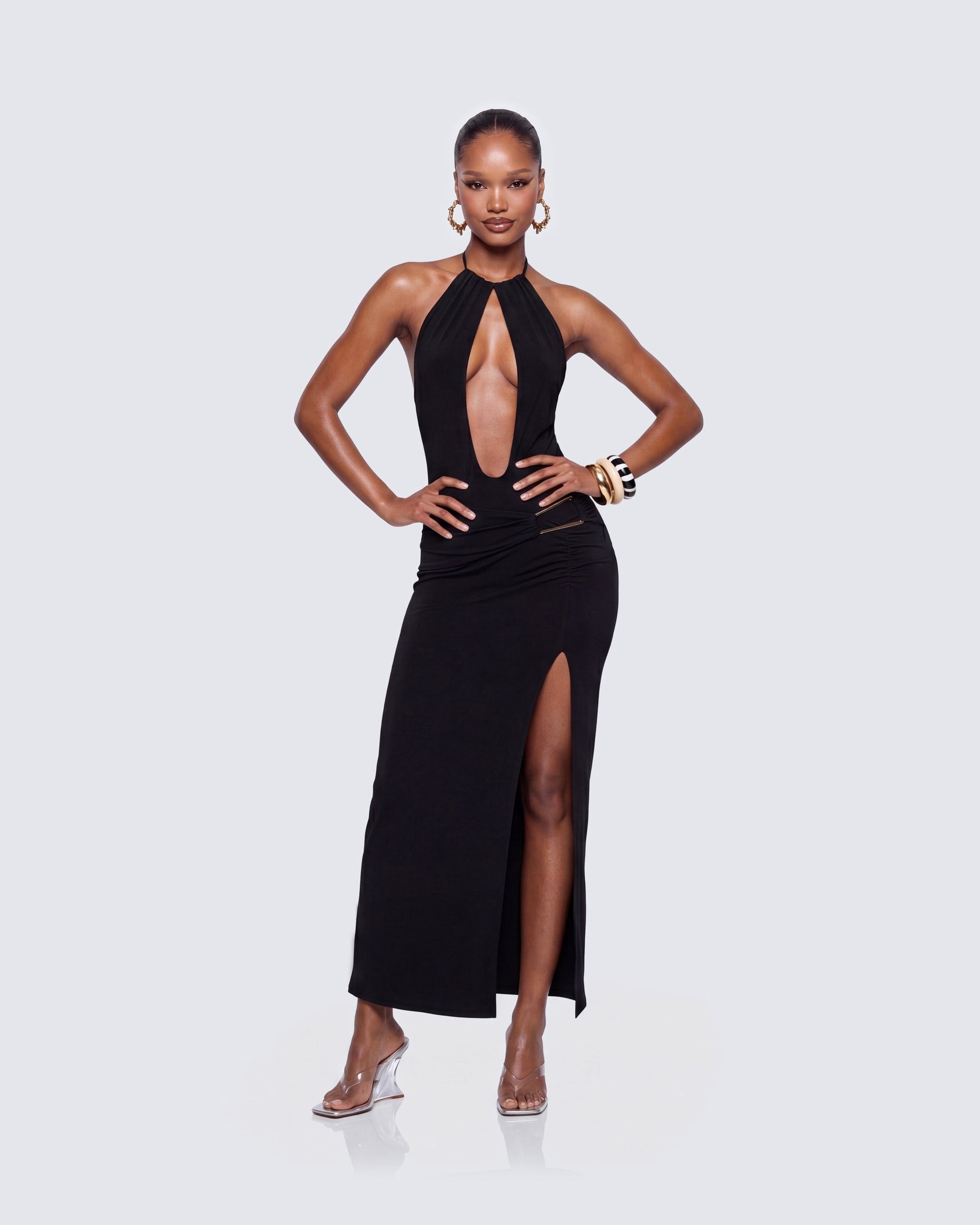 Vestido Longo Coralia Preto com Frente Aberta
