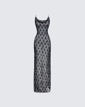 Vestido Longo Hazel Preto de Renda Gola Degagê