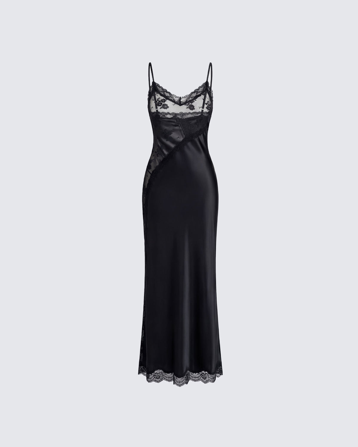 Vestido Longo June Preto de Renda e Cetim