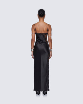 Vestido Longo June Preto de Renda e Cetim