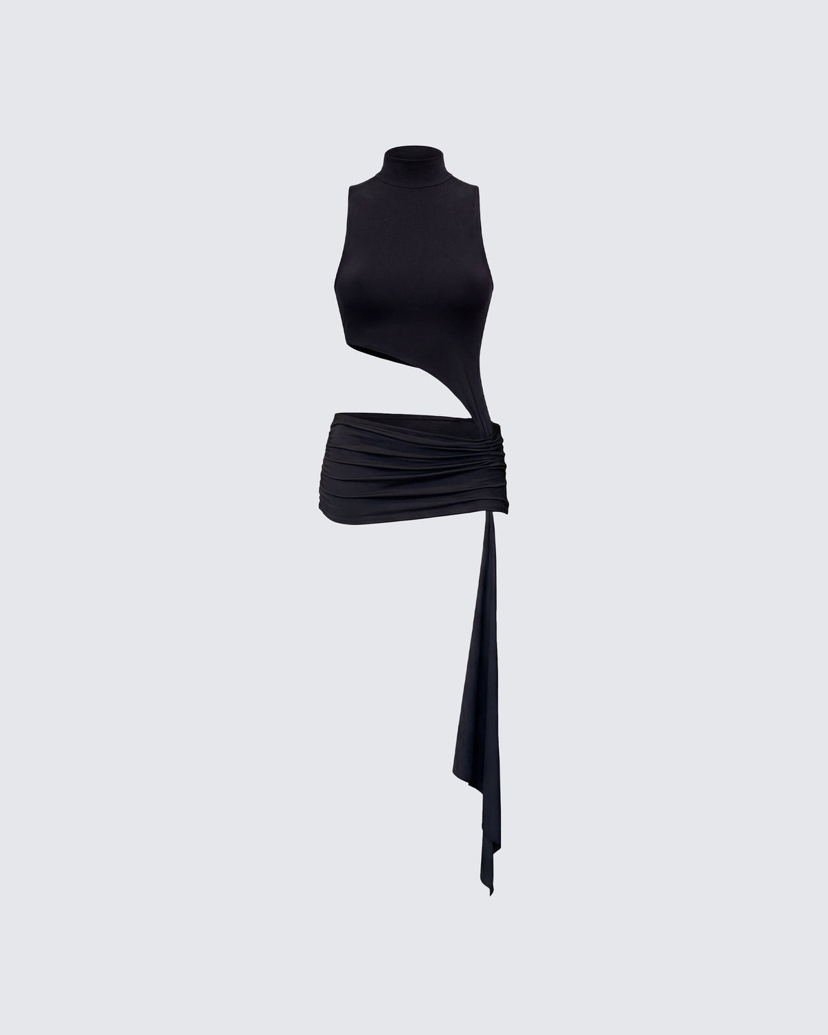 Vestido Curto Lisi Preto Gola Alta com Recorte