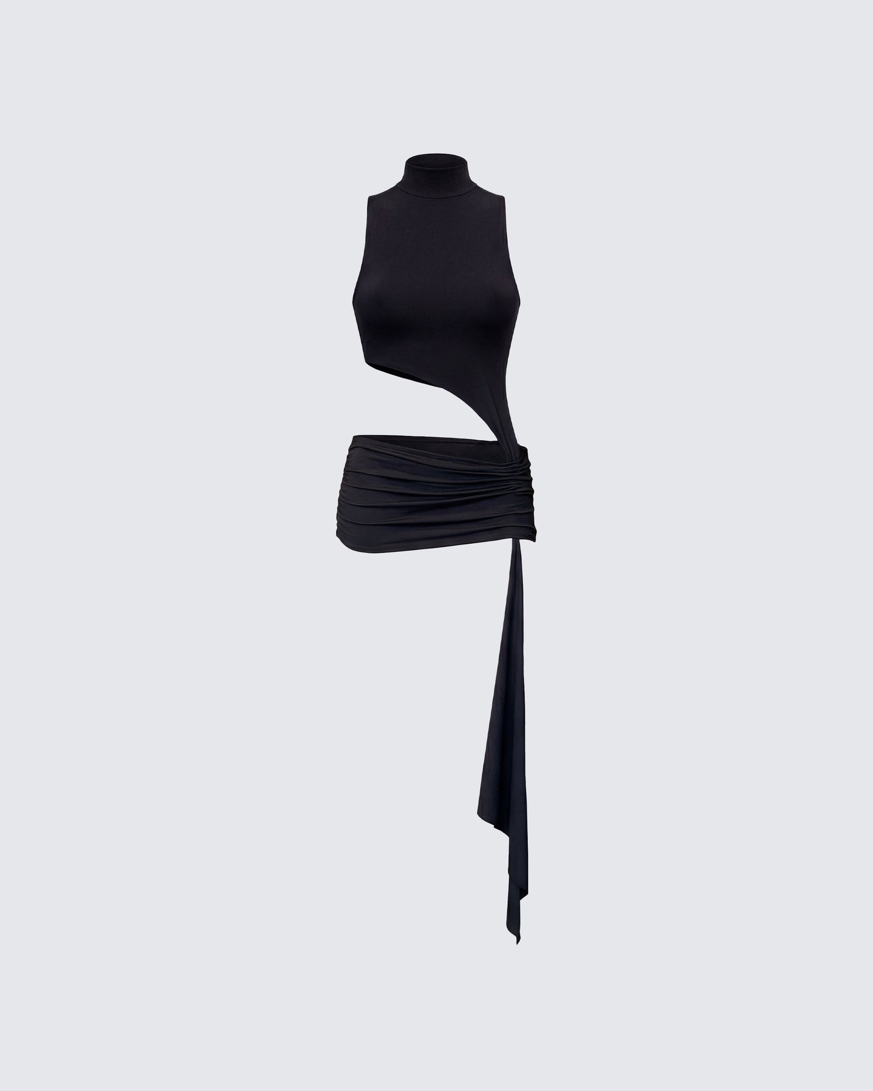 Vestido Curto Lisi Preto Gola Alta com Recorte