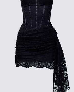 Vestido Curto Millicent Preto Corset de Renda Drapeado