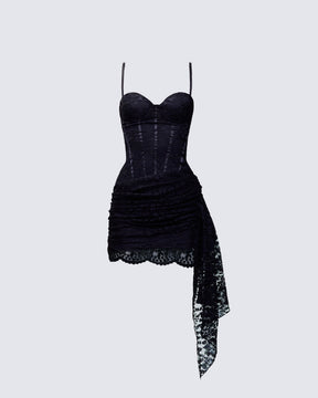Vestido Curto Millicent Preto Corset de Renda Drapeado