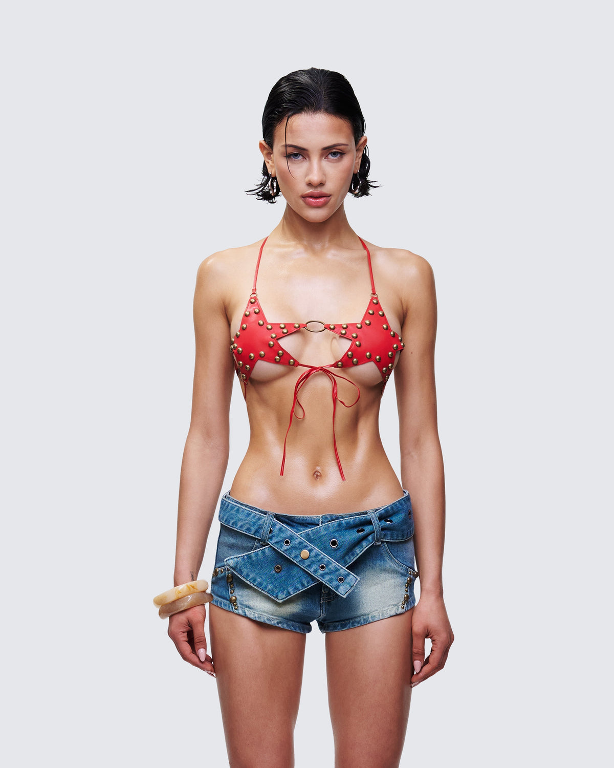 Top Reign Vermelho de Couro Ecológico com Estrelas