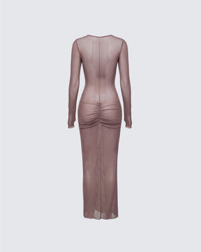 Vestido Longo Sera Marrom de Tule Transparente