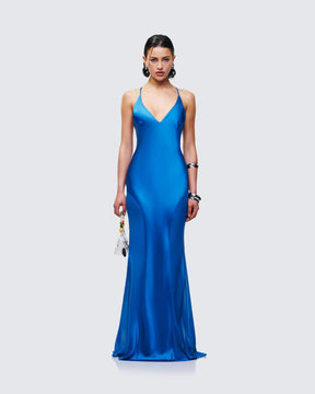 Vestido Longo Solvea Azul de Cetim com Decote Profundo