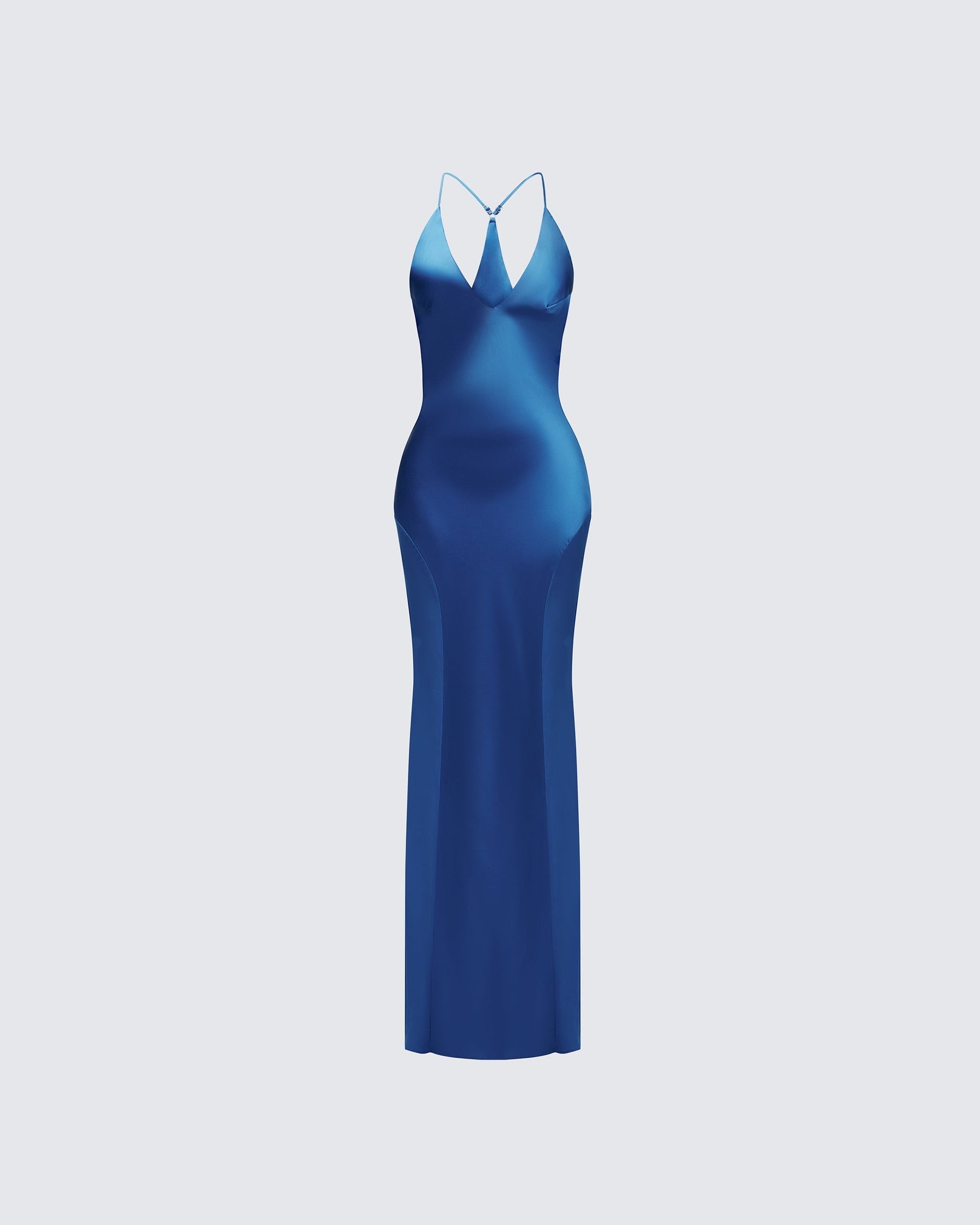 Vestido Longo Solvea Azul de Cetim com Decote Profundo