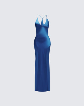 Vestido Longo Solvea Azul de Cetim com Decote Profundo