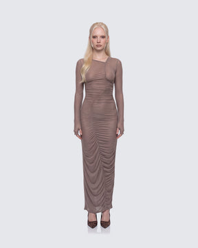 Vestido Longo Sera Marrom de Tule Transparente