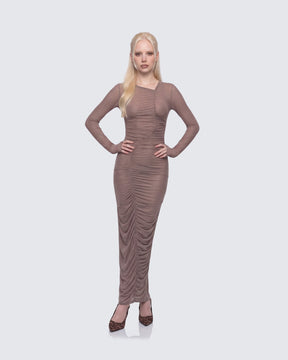 Vestido Longo Sera Marrom de Tule Transparente